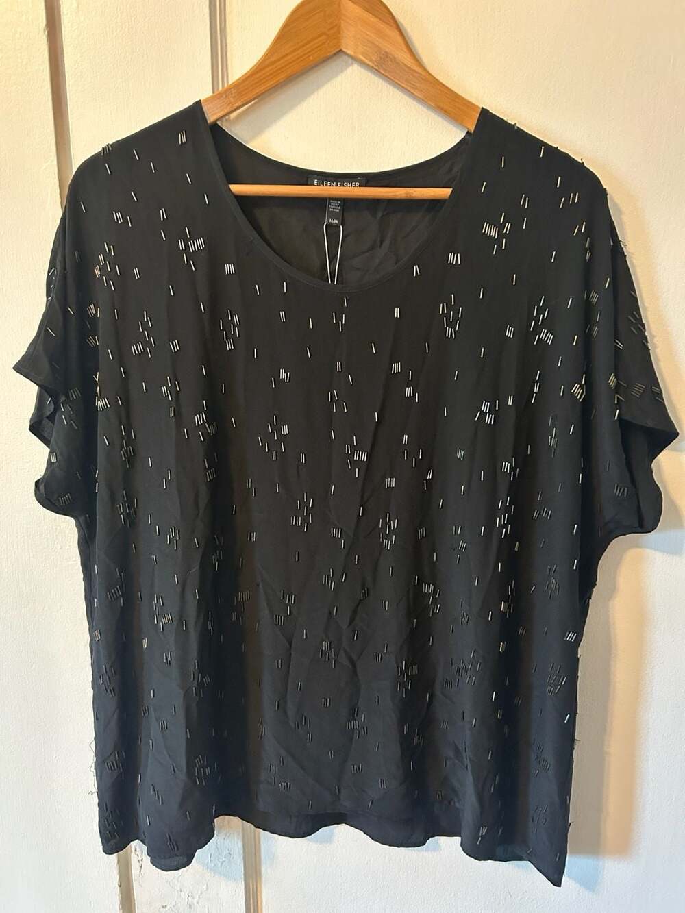Eileen Fisher Falling Star Hand-Beaded Silk Top Black Size M